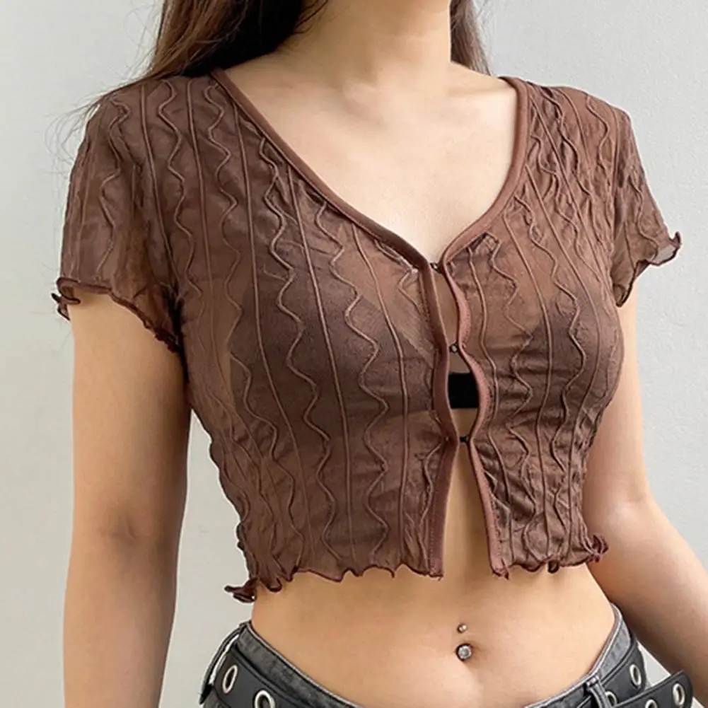 

V-neck Ruffle Sheer Irregular Lines Short Sleeve Sexy Top Hook Clasp Closure See-through Net Yarn Crop Cardigan Top Female Cloth