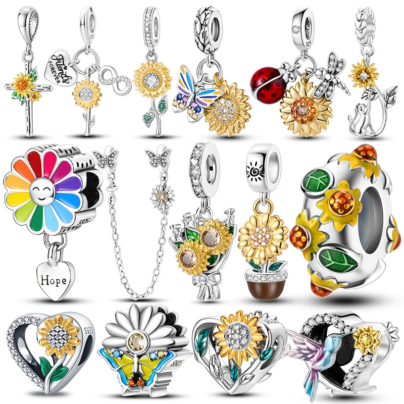 

925 Sterling Silver Sunflowers Charms Golden Beads Fit Pandora Original Bracelet For Fine Jewelry Diy