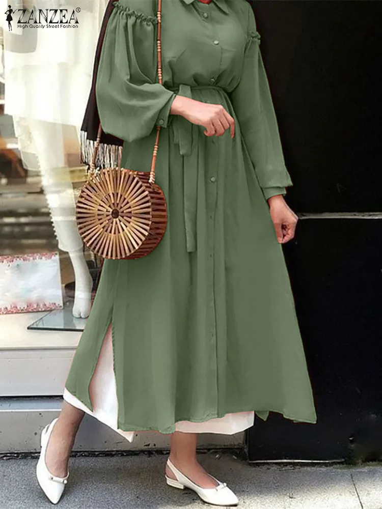 

ZANZEA Abaya Kaftan Lace-Up Women's Dress Muslim Long Sleeve O-Neck Shirt Dresses Fashion Elegant Casual Loose Turkish Robe 2022