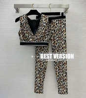 best version two pieces outfits for women clothes sexy leopard print deep v neck stretch cropped top with slim fits leggings set