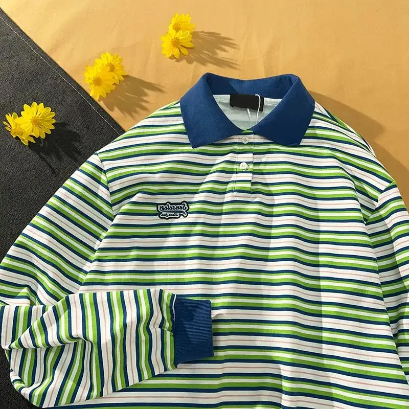 Vintage Green Striped POLO Shirts Sweatshirt Women Harajuku Hip Hop Long Sleeve Tops Casual Teens Clothes 2021 Japanese Fashion | Женская