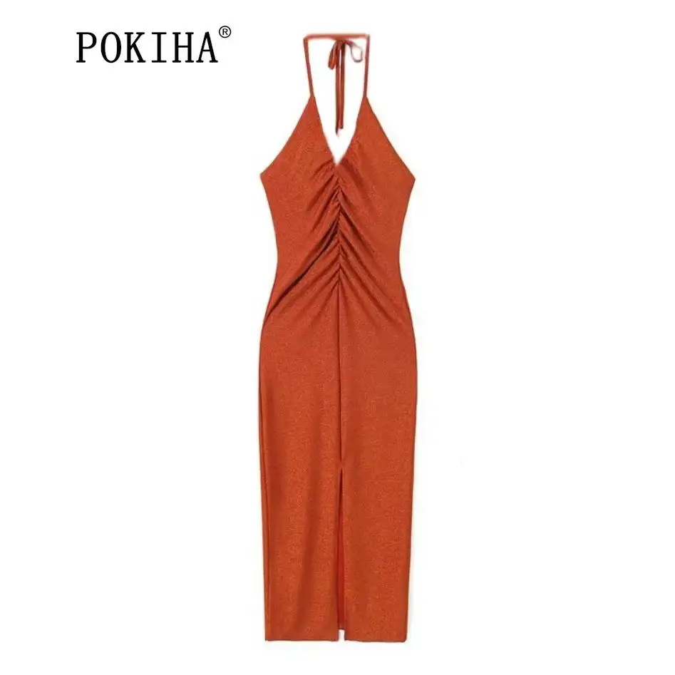 

Pokiha 2023 Fashion Women V Neck Backless Draped Split Halter Bow Tied Straps Slip Midi Dress Sleeveless Sexy Slim Chic Vestidos