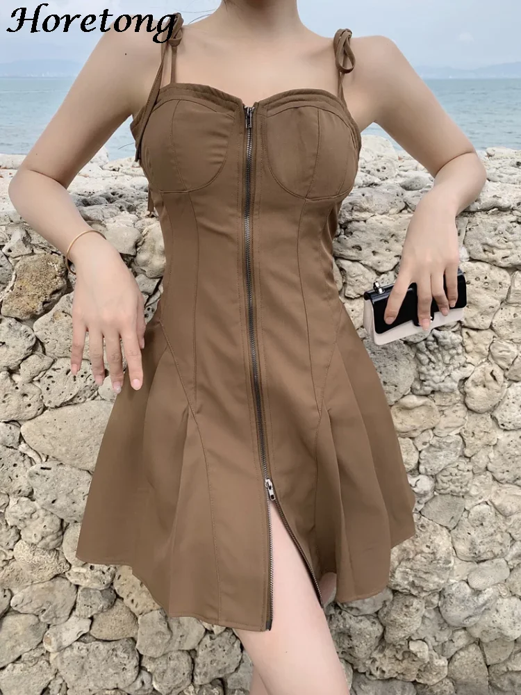 

Horetong Summer Vintage Sexy Zipper Dress Sleeveless Lace Up Strap Pleated A-Line Mini Dresses Women Elegant Holiday Vestidos