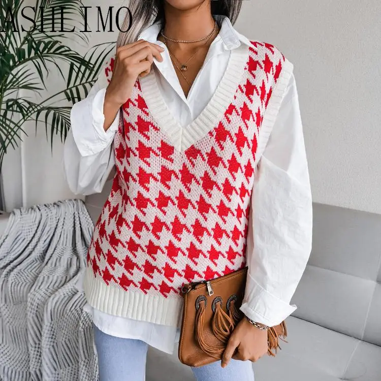 

Winter 2022 New Elegant Women Houndstooth Knit Sweater 5 Colors Vest Loose V-neck Sleeveless Top Fashion Vest Sweaters Pullover