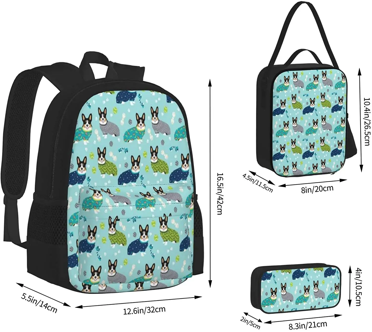 Kids School Backpack Colored Corgis  Schoolbag Travel Bag Casual Daypack Lunch Bag Pencil Case for Boys Teens Girls 3pcs Sets