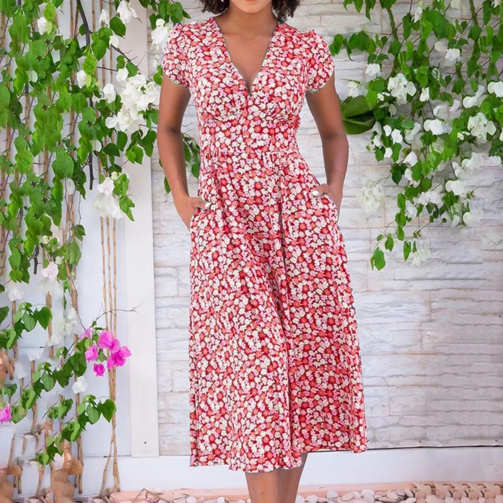 

Модное женское платье, женское платье с цветочным принтом для женщин, новинка 2023, летние платья с коротким рукавом и карманами, женское плат...