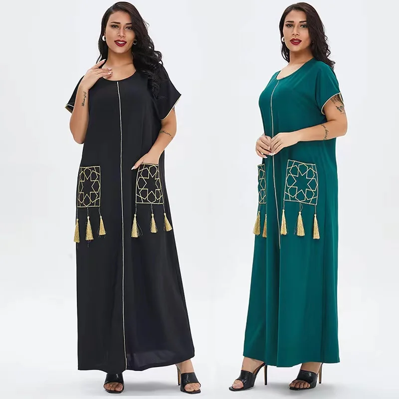 

Muslim Embroidered Abaya Tassels Pockets Short Sleeves For Women 2022 Dubai Middle East Ramadan Eid Arab Islamic Clothing Black