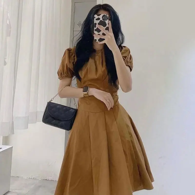 

Elegant Round Neck Pleated Waist Vestidos Korean Chic Summer New Robe Short Sleeve Pleated A-line Short Woman Dress