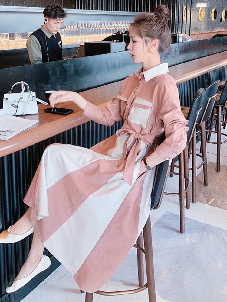 Платье LANMREM New Women осень женские пэчворк цвет контраст регулируемая талия длинный рукав отложной воротник модные платья 2J1362.