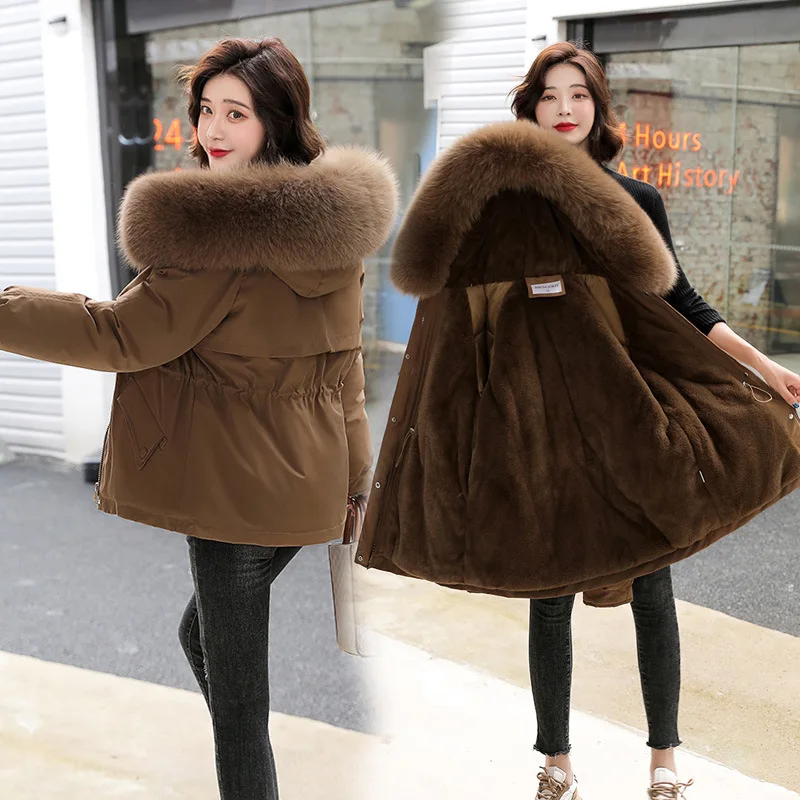 Big Wool Fur Collar Padded Clothes for Women 2022 Winter  Korean Fashion Short Parkas Coats Korean Fashion High Waist  Hooded