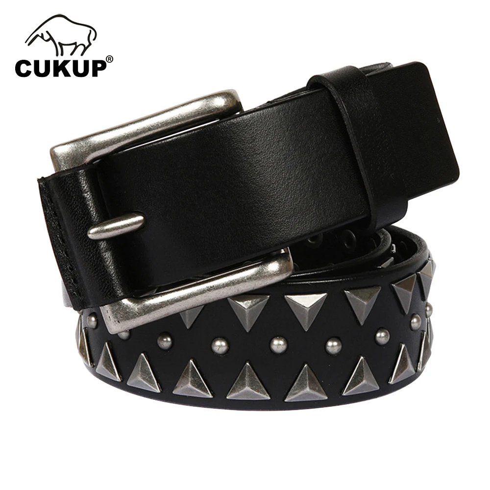 CUKUP 2023 New Triangle Rivet Top Qaulity Head Layer Cowhide Belt 3.8 Wide Men's Black Denim Belts Male Selling by Manufacturer