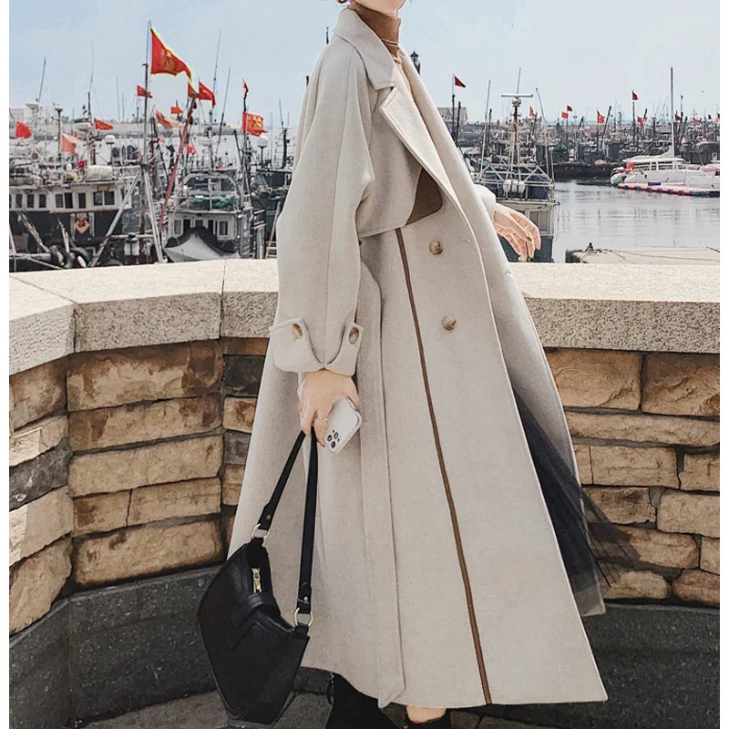 2022 New Oat Wool Women's Middle And Long Autumn And Winter  Korean Loose Thickened Hepburn  Splicing Coat