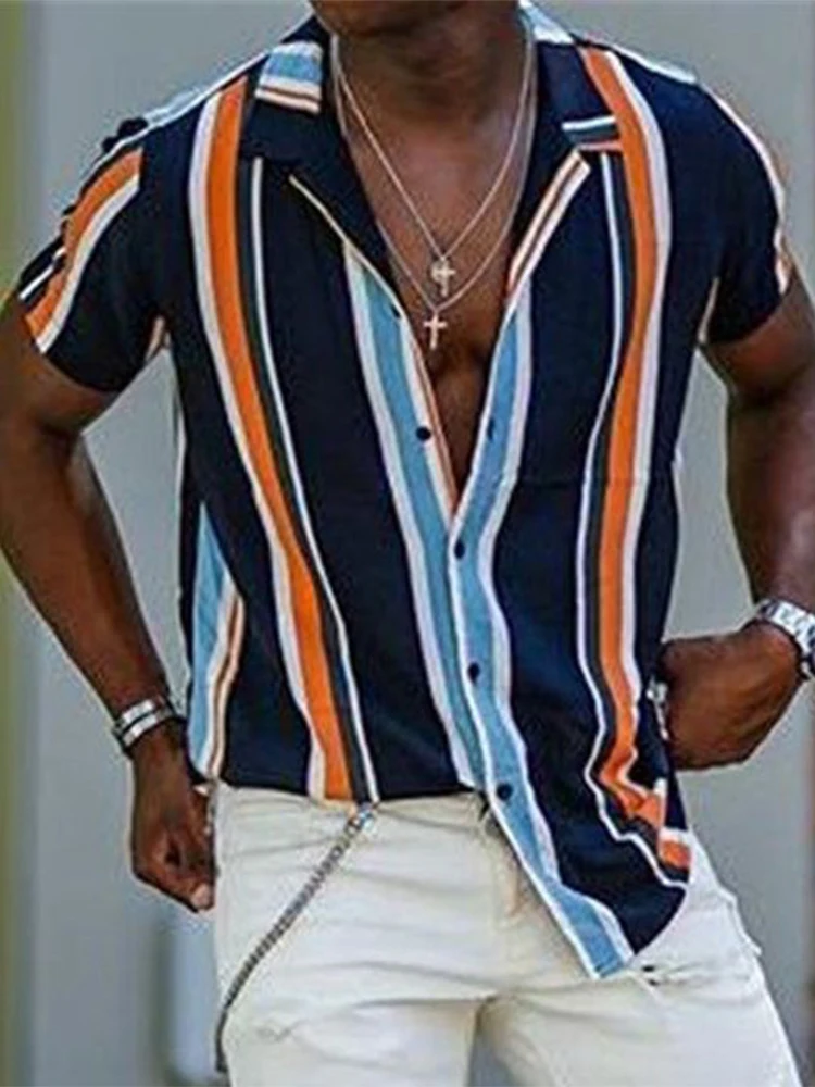 

2022 Spring Men Button-up Tops Fashion Summer Casual Striped Shirts Mens New Fashion Loose Short Sleeve Turn-down Collar Shirt