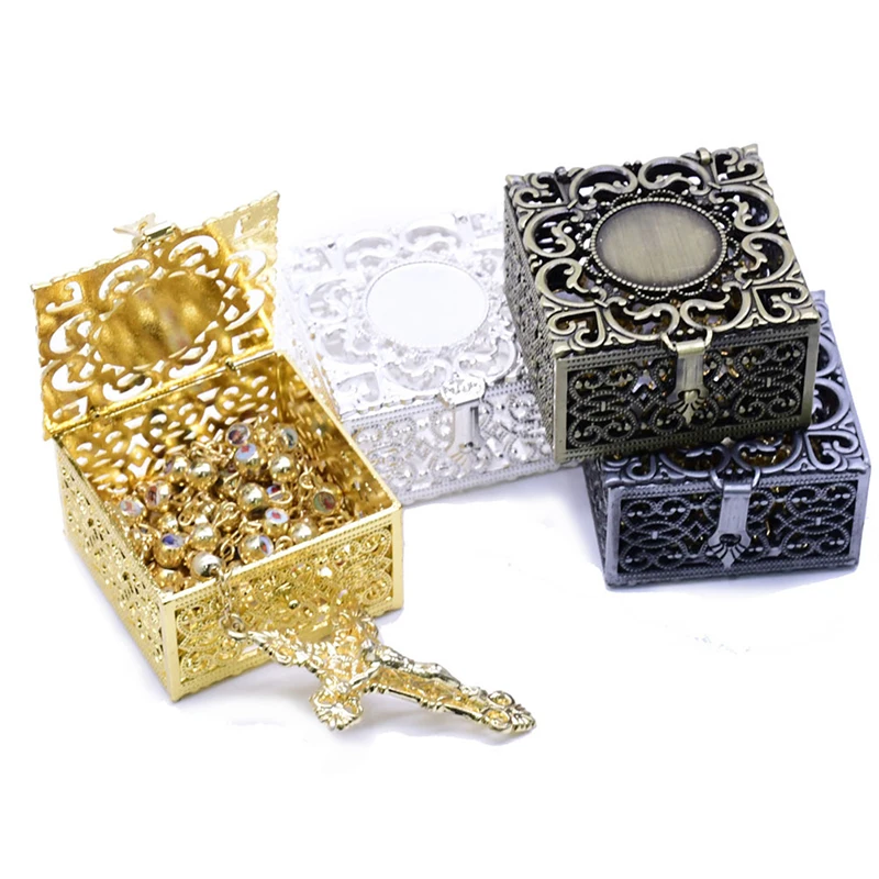 

Vintage Delicate Gold Silver Empty Hollow out Rosary Bead Box Necklace Metal Christian Catholic Religious Jewelry Case Storage