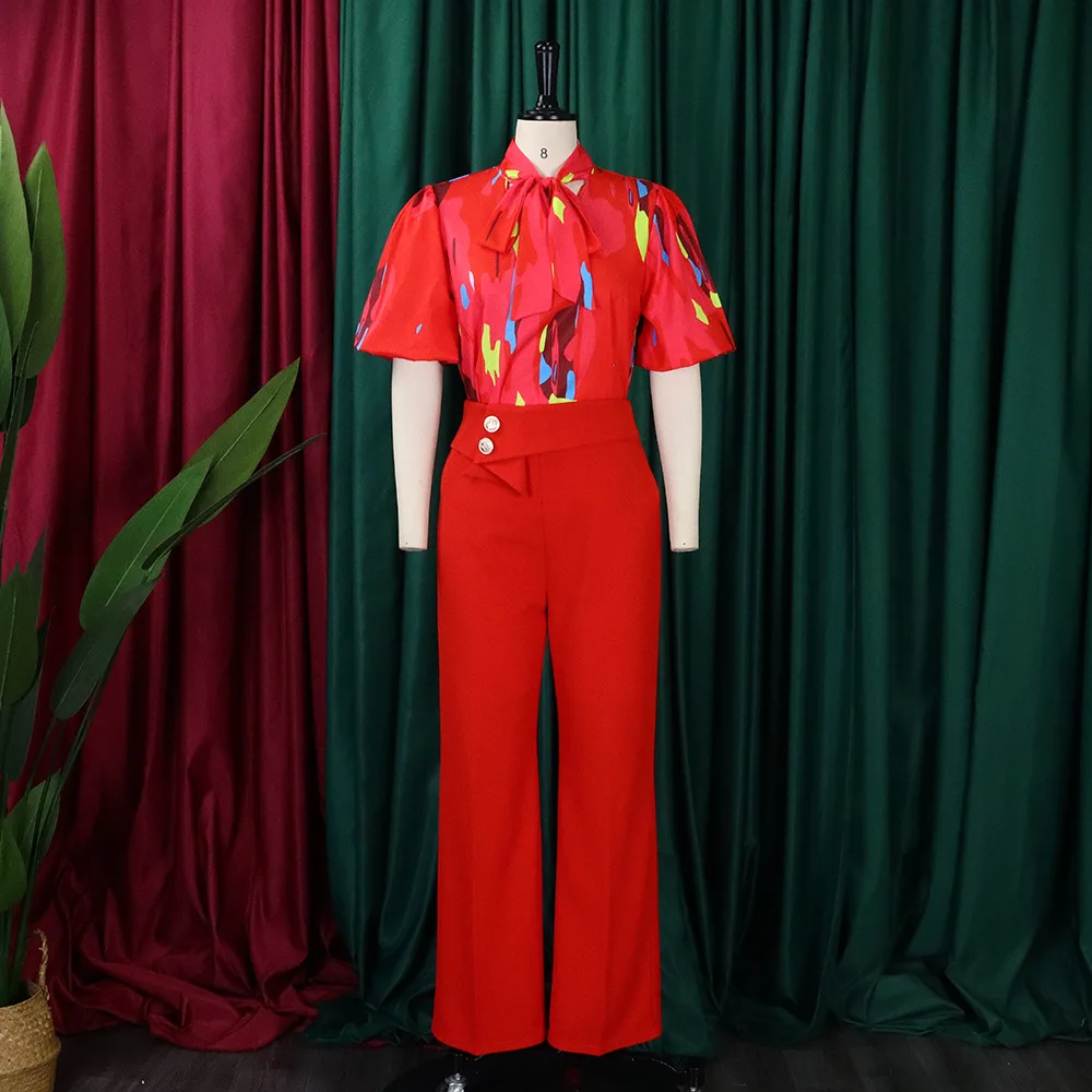 Plus Size Matching Sets Women Print Blouse Shirts Tops And Straight Pants Female Fashion Tracksuits 2023 Summer Two Piece Sets