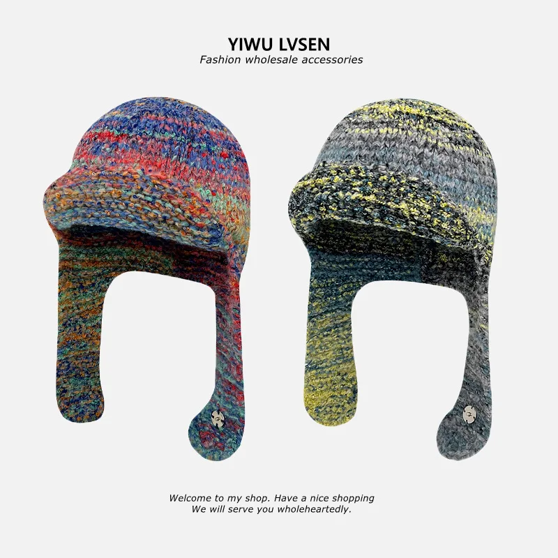 

Korean Designer Color Gradual Change Beanies for Women Winter Ear Protection Knitted Wool Hat Fashion Warm Flying Bomber Hat