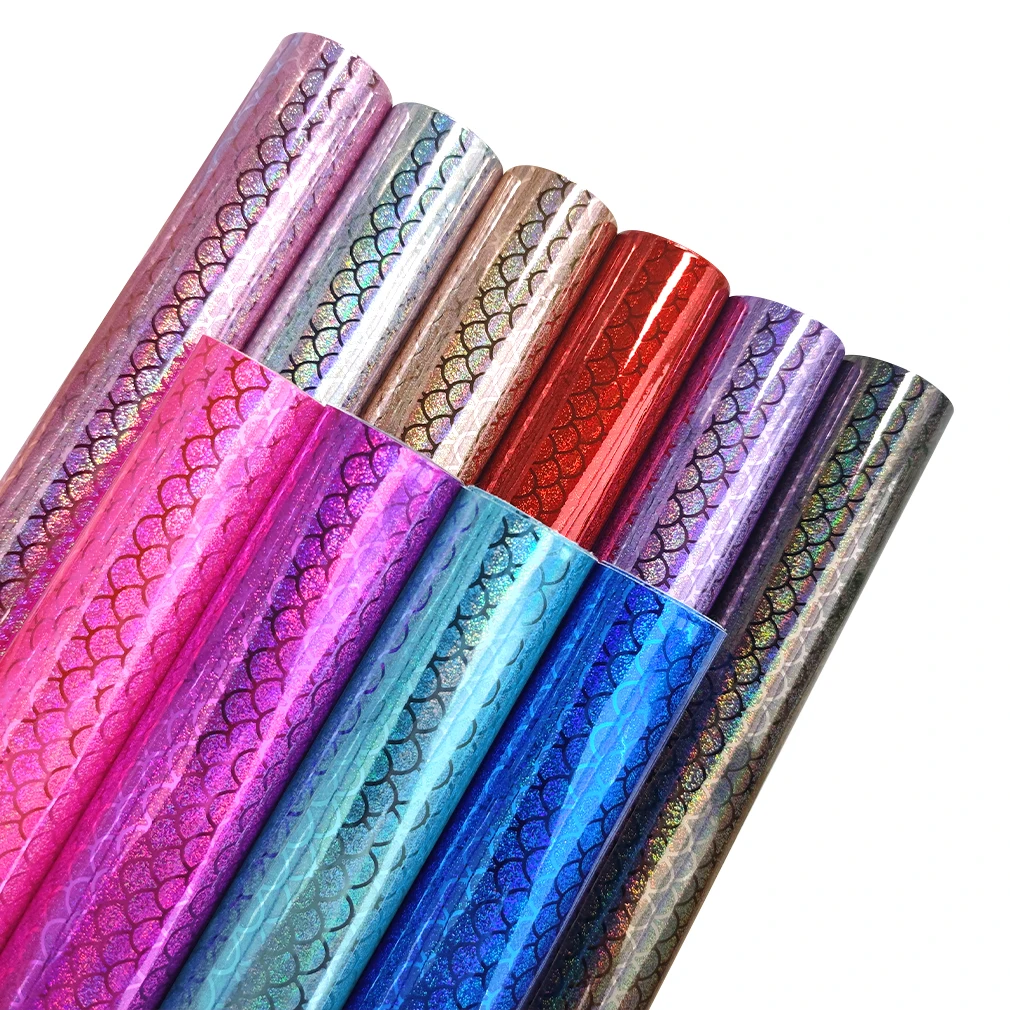

Metallic PU Faux Leather Fabric Sheet Fish Scale Printed Holographic Laser for Making Shoes/Bag/Handbag/DIY Accessories 30x135cm