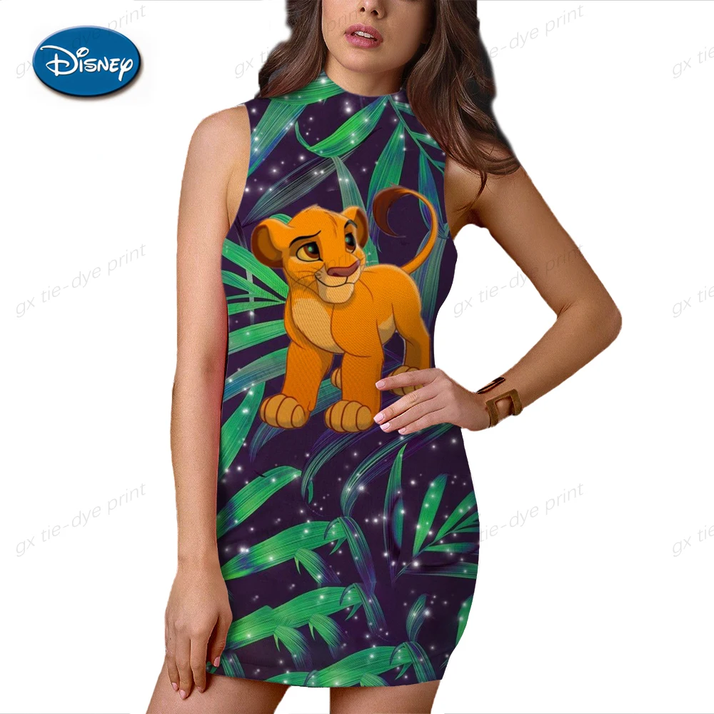 

Disney Lion King Woman Dresses Elegant Dress Office Tight Slim Lady O Neck Summer Casual Cartoon 3D print Mini Dress Vestidos