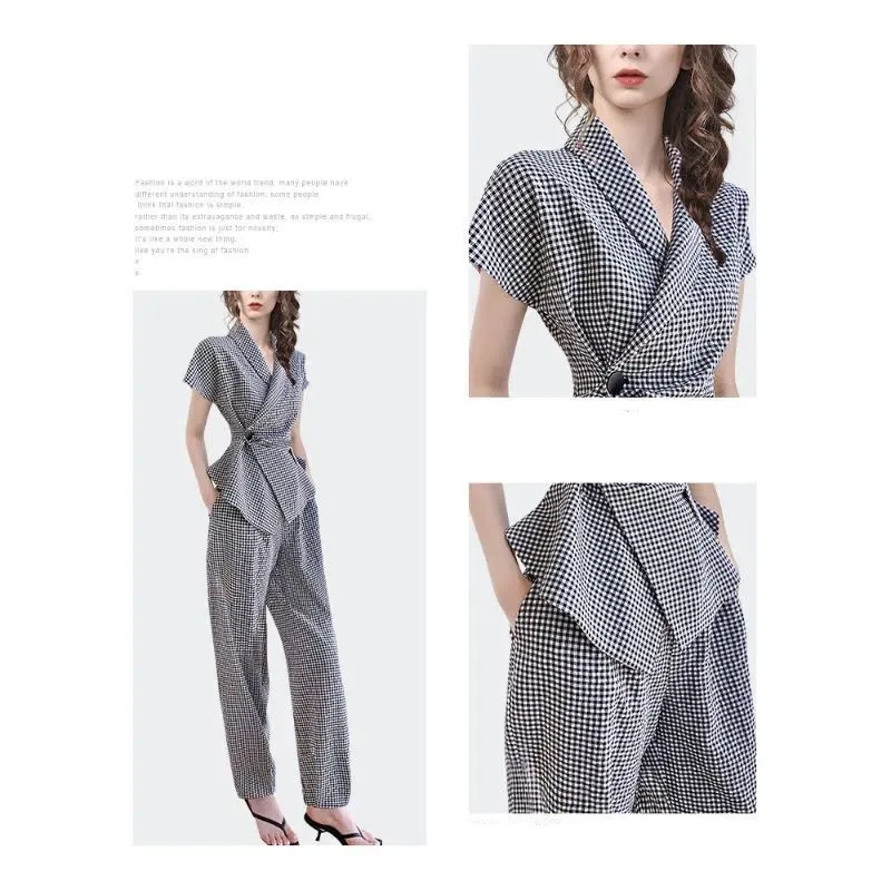 Checkered Panel Side Button Short Sleeved Jacket Blazer Casual Wide Leg Pants Two-piece Elegant Women's Pants Set Summer Office