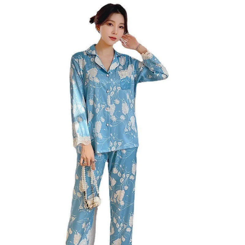 2023 Spring and Autumn New Ice Silk Pajamas Women's Long-Sleeved Trousers Lace Printing Suit Can Be Outerwear Homewear