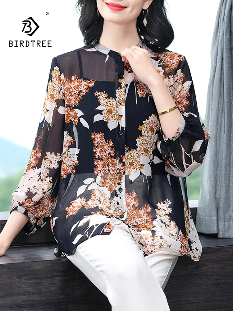 Элегантная рубашка BirdTree из 100% натурального шелка женская блузка оверсайз с