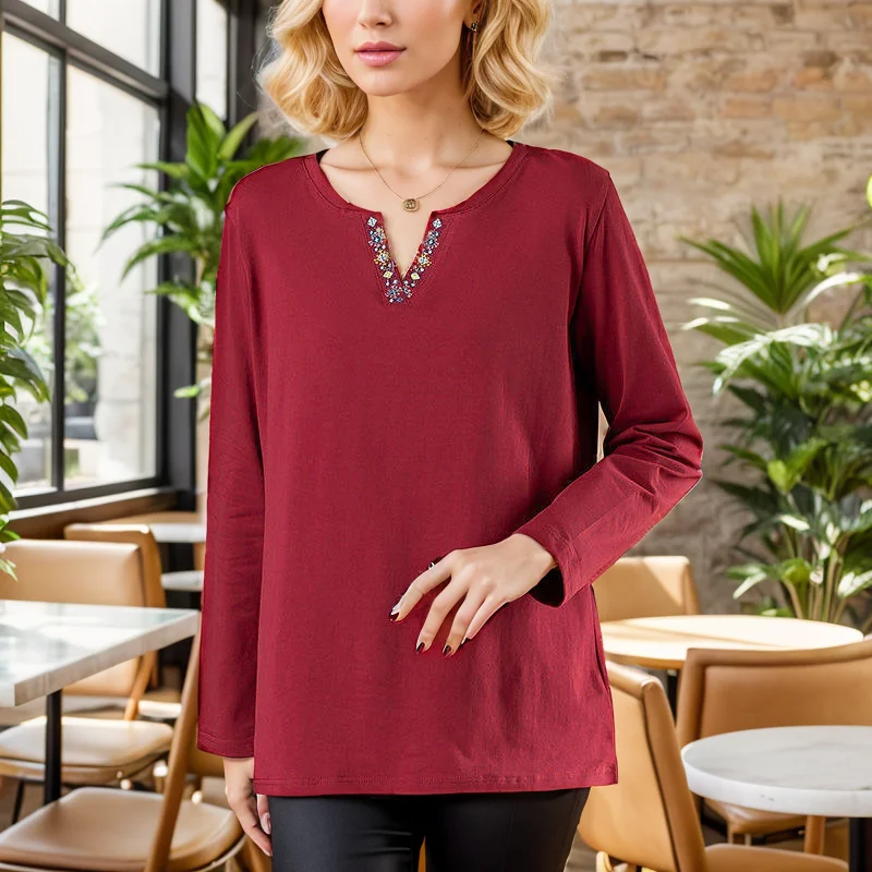 Новинка Весна 2023 модная футболка женская с длинным рукавом и V-образным вырезом в