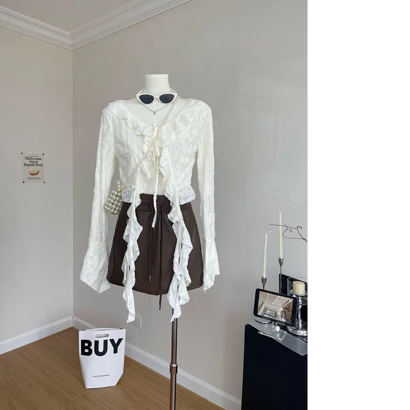 Новая винтажная ажурная блузка с длинными рукавами и рюшами облегающая узкая