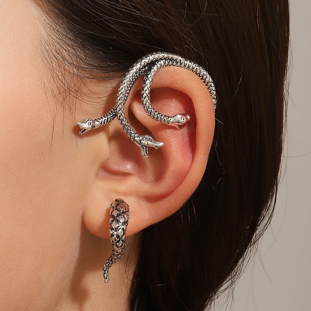 

Gothic Three Headed Snake Ear Bone Clip No Piercing Elf Wings Ear Hanging Metal Earrings For Women Body Jewelry Gifts