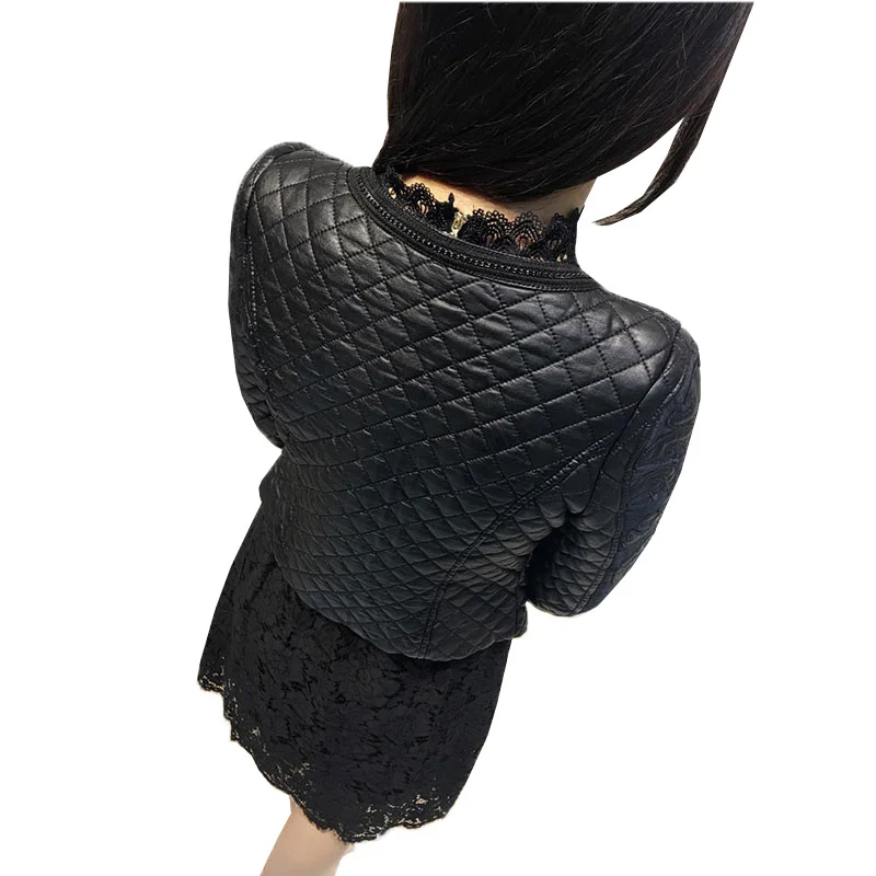 

New Coats Spring Autumn Denim Women Short Jacket O neck Cowboy Stitching PU Washed Leather Slim Retro Pilot Female Jean Coat