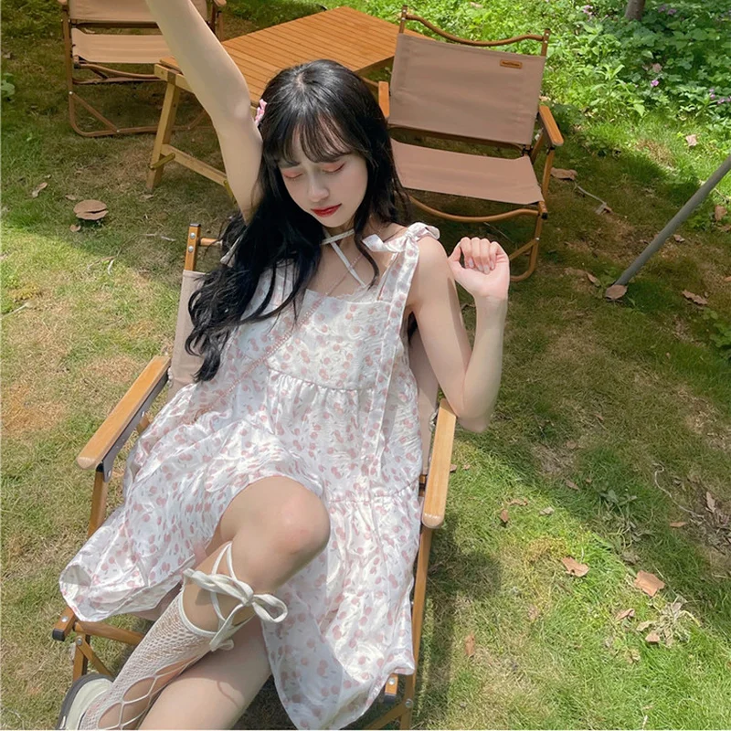 

GLAUKE 2022Sleeveless Dress Women All-match Korean Trendy Bandage Sweet Summer Print Loose Clothes Kawaii Design Square Collar