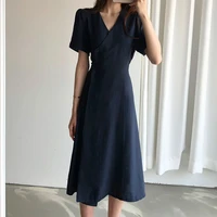korean v neck short sleeve long wraped fashion chic temperament dress sashes slim waist a line solid color midi dress for women