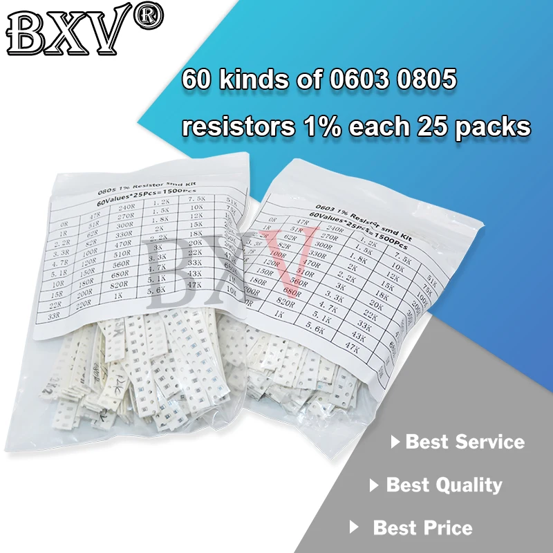

1500PCS/Set (60 Values X 25Pcs) SMD 0603 0805 Resistors Assorted Set 0R-10M Ohm 1% High Precision Film Chip Resistance Kit