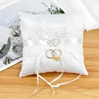 wedding ring pillow cushion white with double bow ribbon lace pearl for engagement marriage proposal beach wedding party supplie