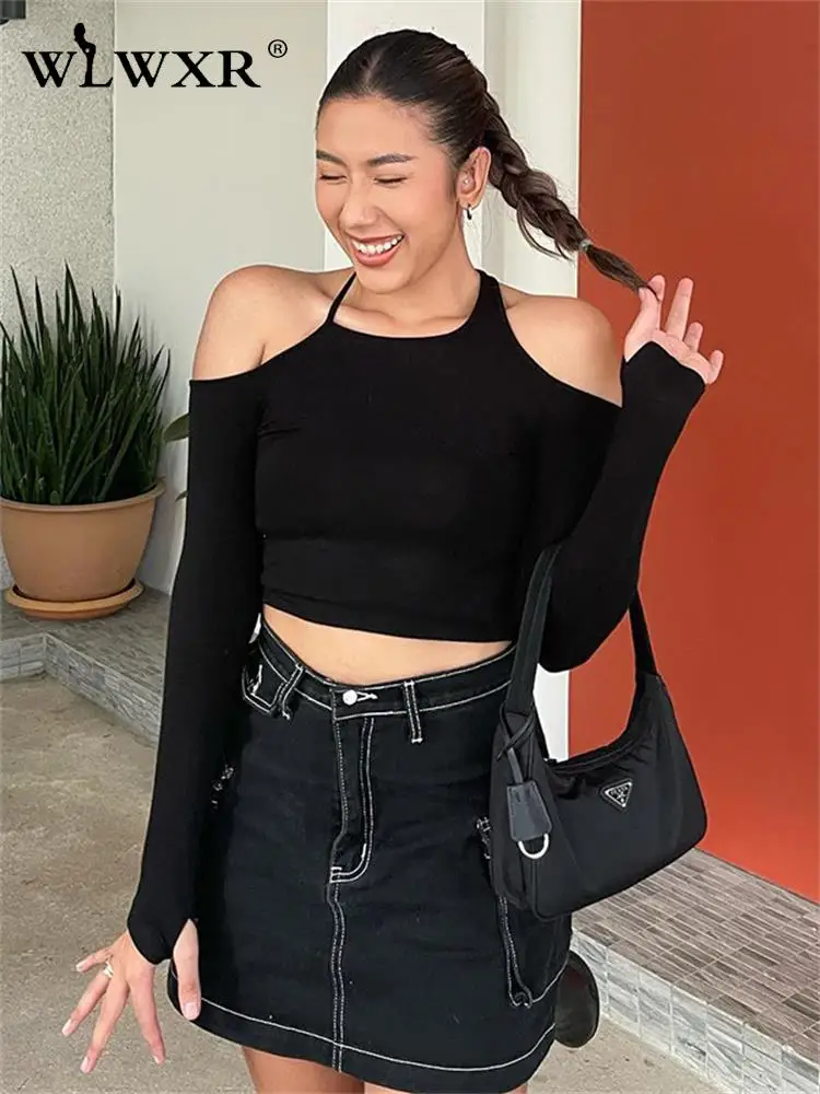 

WLWXR Осенняя уличная однотонная черная Асимметричная футболка для женщин 2022 Женская Клубная одежда черные футболки