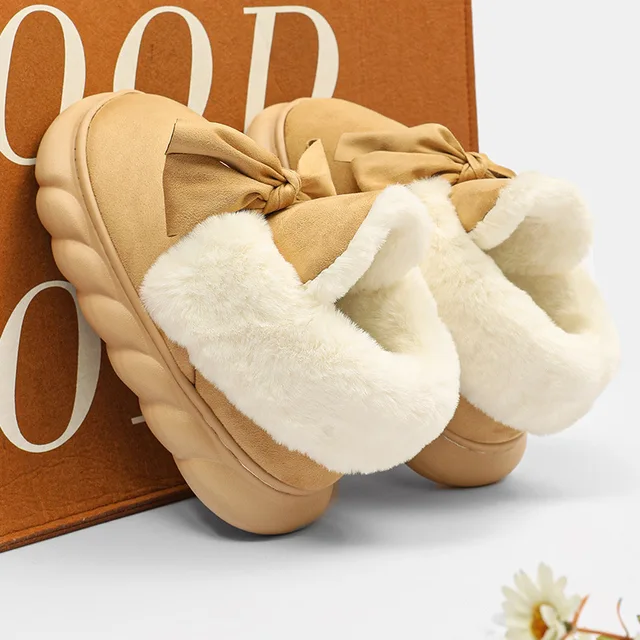 Leather Short Fashion Bow Snow Boots For Women Ladies Fur Lining Winter Warm Bootie Slippers Fur Lined Slip on Outdoor Shoes 2