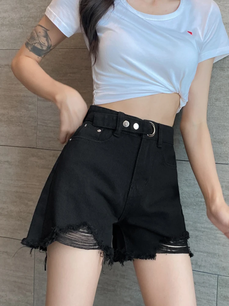 Streetwear Women High Waist Wide Leg Hole Frayed Denim Shorts Spring Summer Female Button Loose Jeans Shorts Bottoms