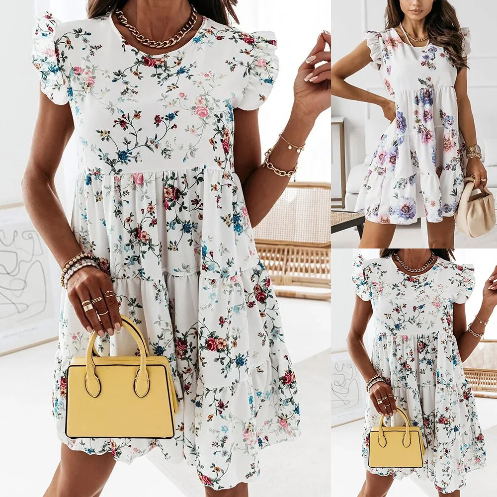 

Summer Dress Women Casual Loose Floral Ruffles Sleeveless Mini Dress Fashion Elegant Ladies Clothes Beach Sundress Robe Femme