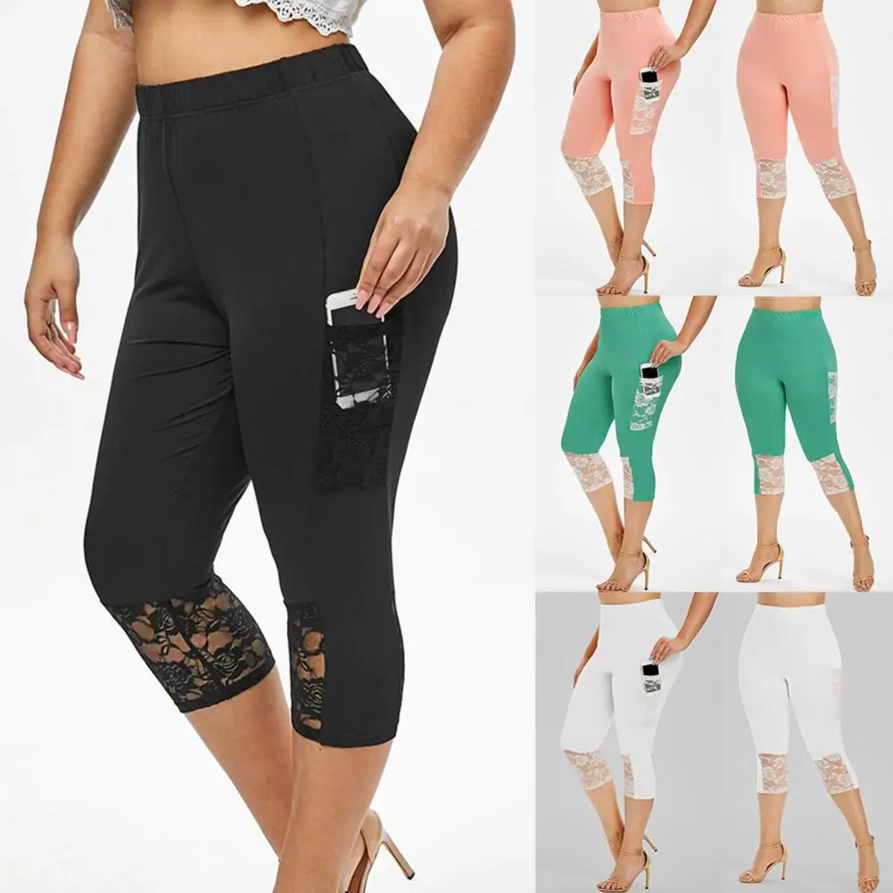 

Tight Trousers 4 Colors Capri Pants High Waist Ladies Lace Stitching Lace Pocket Capri Pants Breathable