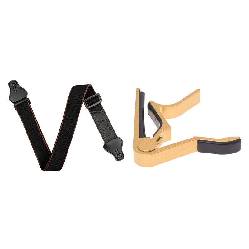 

1 Pcs Capo Gold Professional Offers For Acoustic Guitars & 1 Pcs Guitar Strap With 3 Pick Holders Cotton Strap