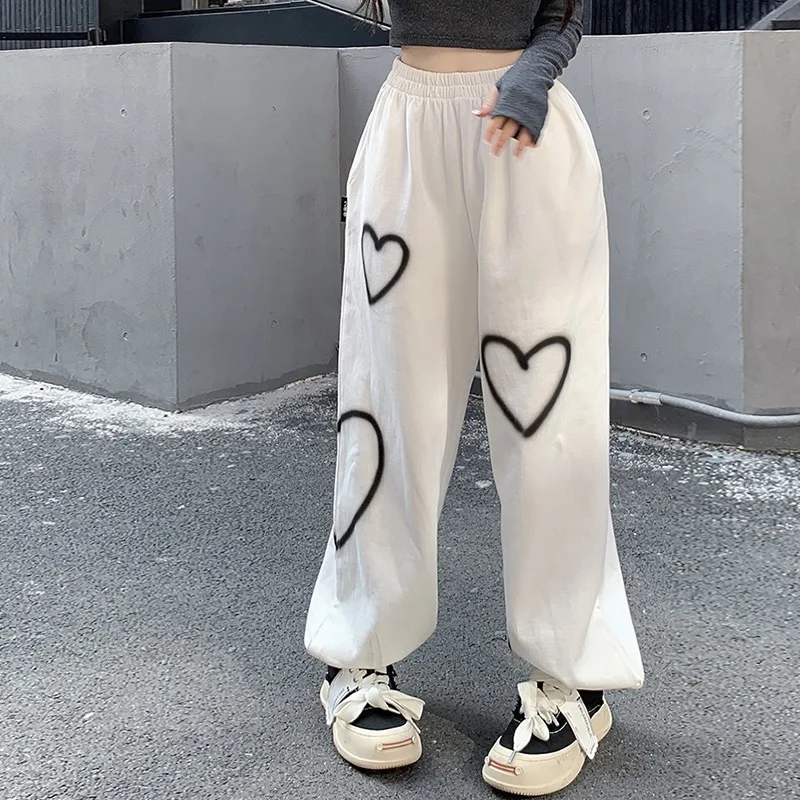 Heart Printing Sweatpants Women Loose Straight Joggers High Waist Wide Leg Pants Oversize Streetwear Korean Y2k Hip Hop Trousers