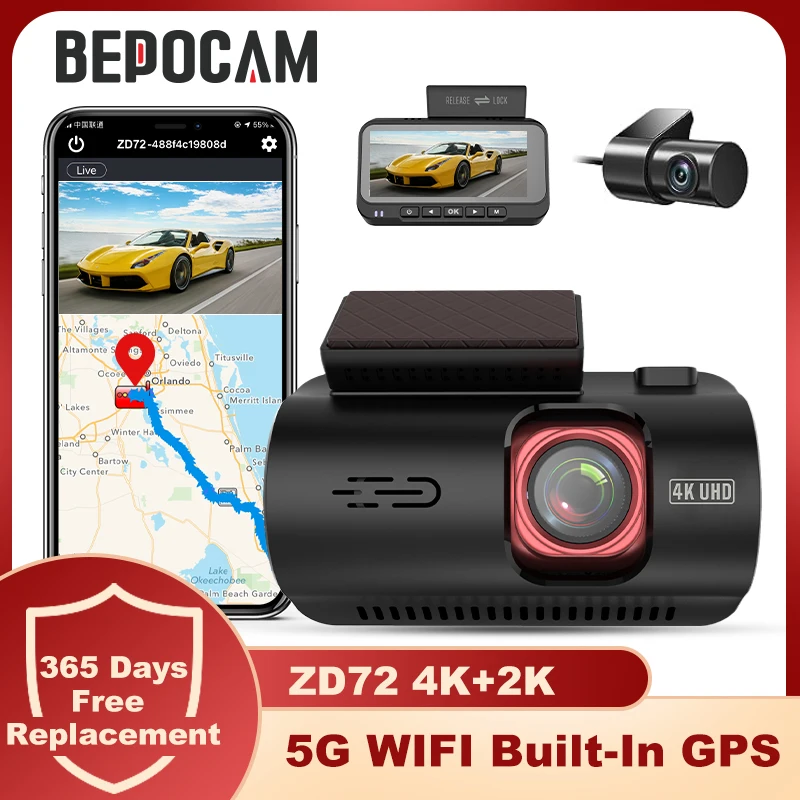 Видеорегистратор BEPOCAM ZD72, 4K, встроенный GPS, Wi-Fi, с камерой заднего вида