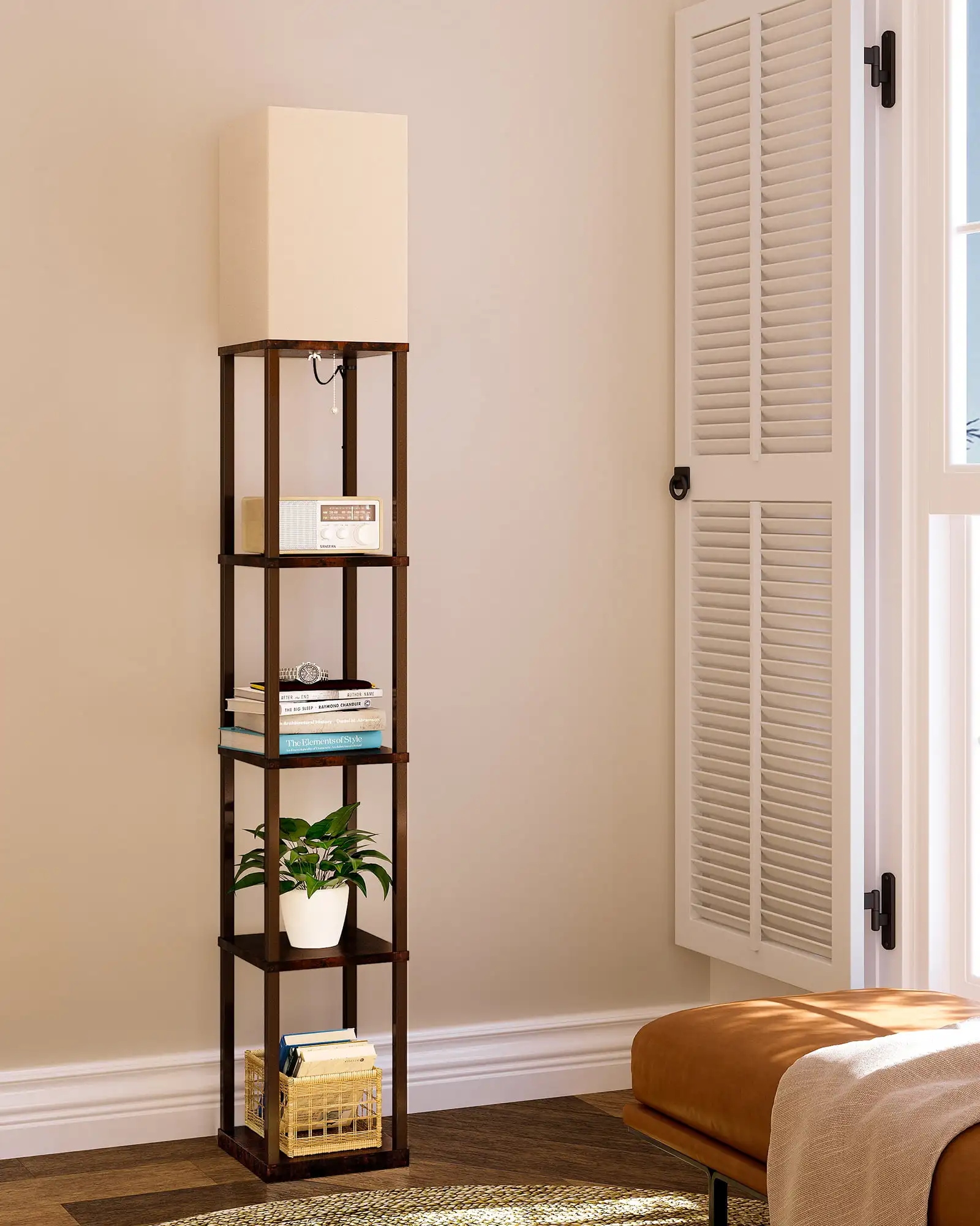 

HMTX LED Modern Shelf Floor Lamp with White Lamp Shade and LED Bulb, 5-Tier Display Floor Lamps with Shelves for Living Room, Be