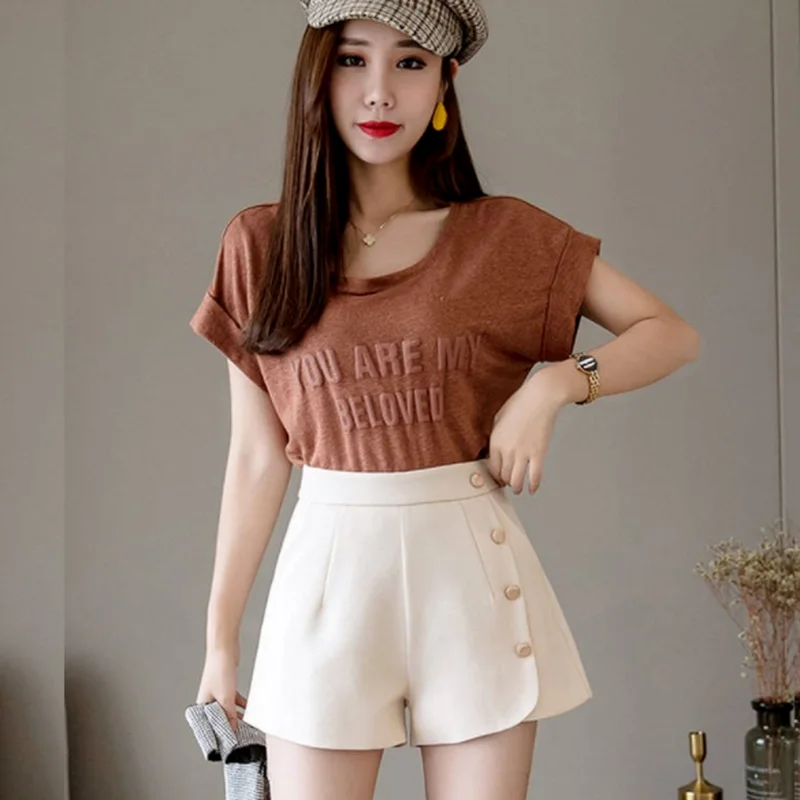 Women Summer High Waist Buttons Chiffon Shorts Patchwork Zipper Black White Office Lady Work Wear Female Elegant Shorts Loose