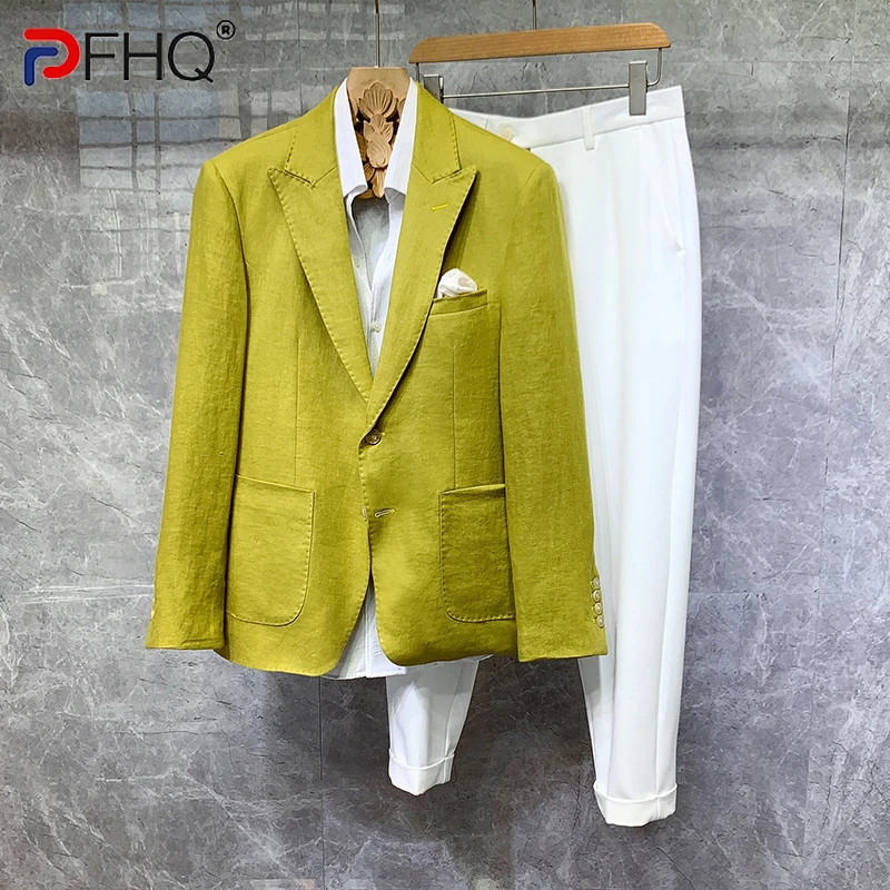 

PFHQ осенний Тонкий льняной костюм мужские модные красивые деловые высококачественные однобортные блейзеры бриллиантовые Роскошные брюки 21Z2061