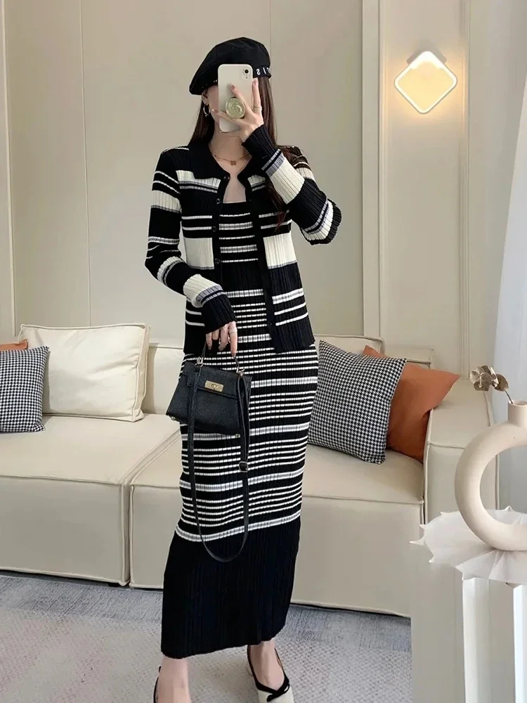 Корейский стиль трикотажное платье в полоску комплект из 2 предметов элегантный