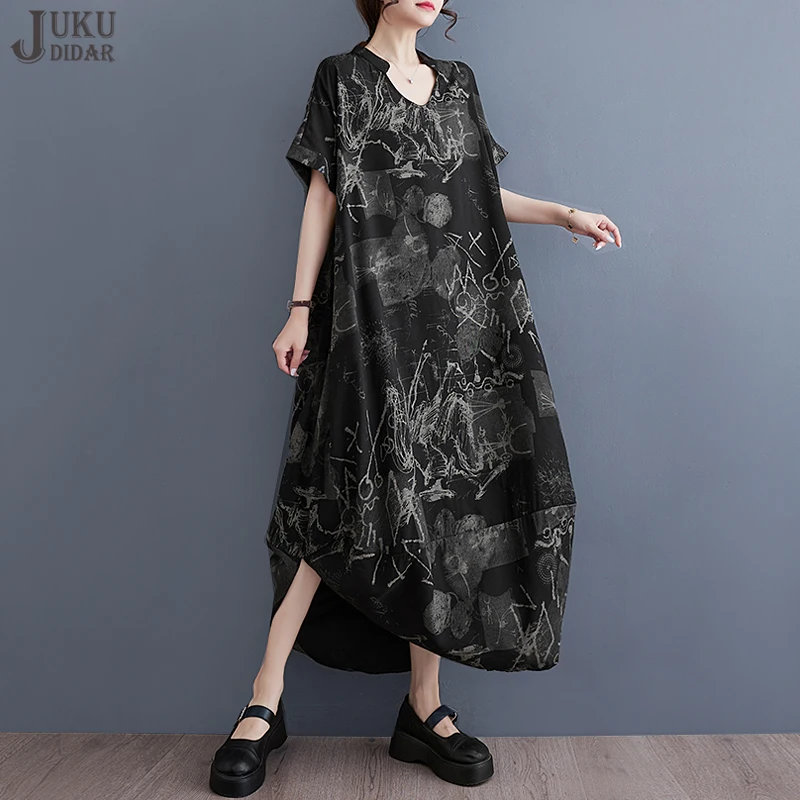 

Женское платье свободного кроя, повседневное льняное платье большого размера с винтажным черным принтом и V-образным вырезом, модель JJXD461 в Корейском стиле на лето