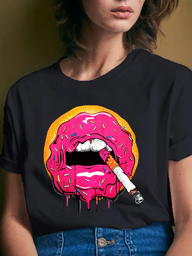 

Sleeve O-neck Graphic Regular Loverly Woman Clothes T-shirts Short Tshirt Tee Top Donut Fries Cartoon Print Plant Casual Cute