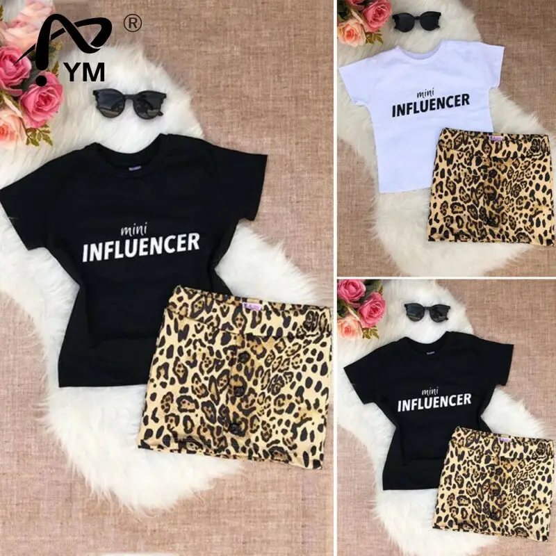 

New Summer Toddler Baby Girl Clothes Short Sleeve Letter Printed Tops T-Shirt Leopard Print Mini Skirt Outfits