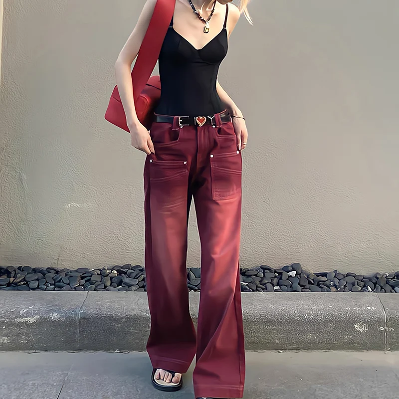 

Уличная одежда в стиле бойфренда, мешковатые джинсы, женские джинсовые брюки с завышенной талией, винтажные красные брюки с широкими штанинами и шваброй