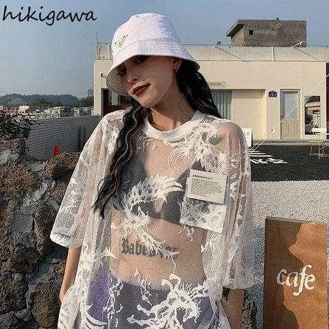 Fashion Lace Blouses Harajuku Woman Gothic Tshirts Sexy Oversized Shirts for Women See Throught Tees Y2K Tops Korean T Shirt